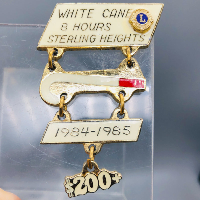 Vintage Lions Club Lapel Pin Pinback White Cane 8 Hours Sterling Heights '84-'85