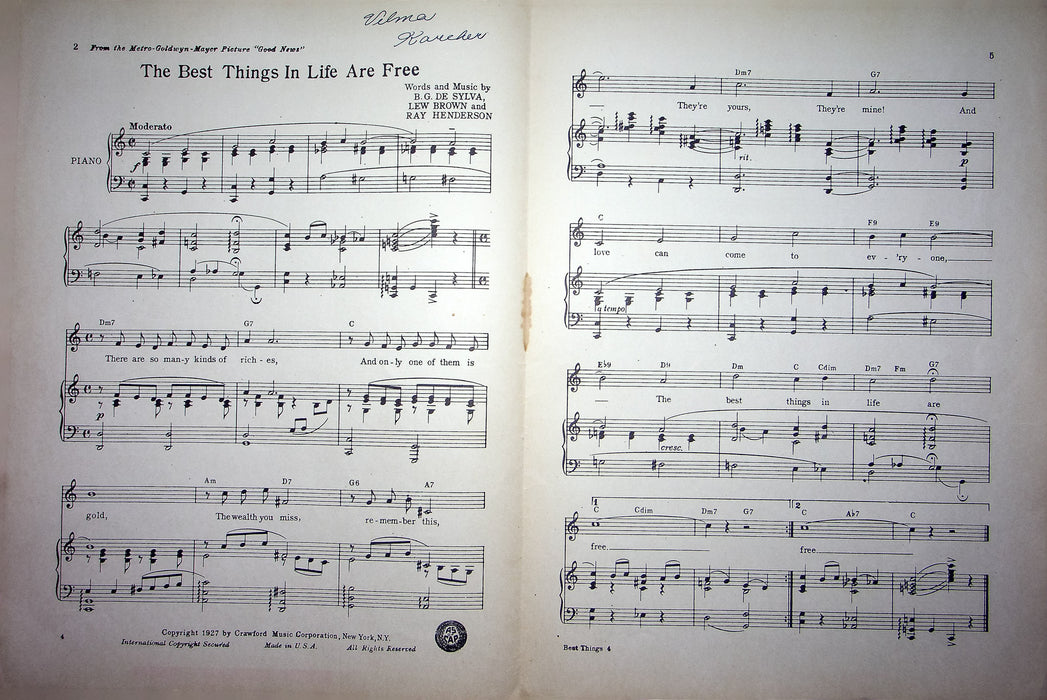 Vintage Sheet Music The Best Things In Life Are Free 1927 Sylva Brown Henderson 3