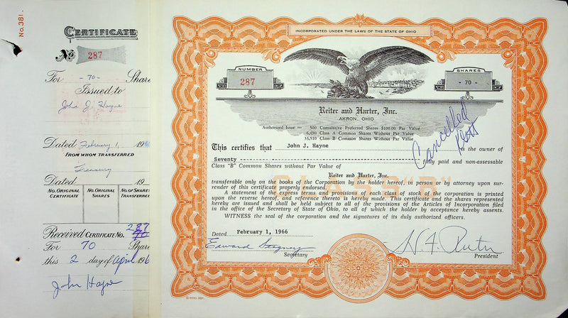 Reiter Dairy Company Stock Certificate Bond Scripophilly Akron Ohio 1966 No 287