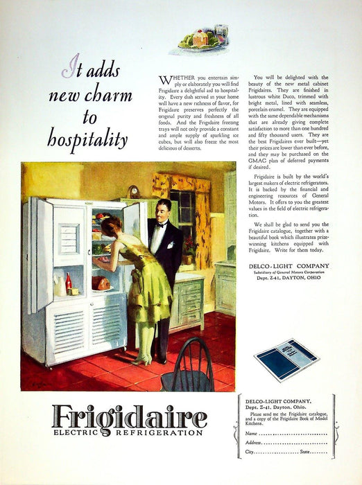 1928 Frigidaire Refrigerator Print Ad Adds New Charm To Hospitality 12"x9" 1