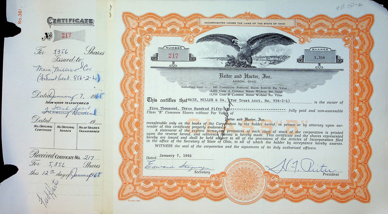 Reiter Dairy Company Stock Certificate Bond Scripophilly Akron Ohio 1965 No 217