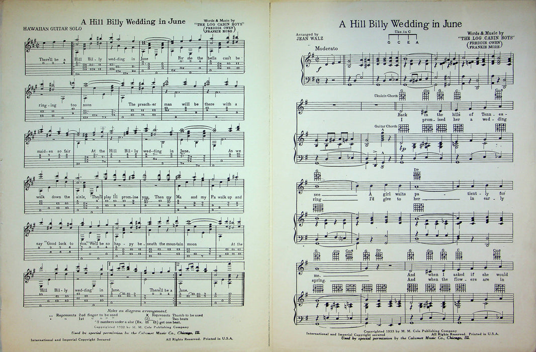 A Hill Billy Wedding in June Sheet Music Log Cabin Boys Freddie Owen F More 1932 2