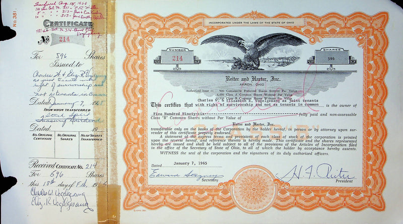 Reiter Dairy Company Stock Certificate Bond Scripophilly Akron Ohio 1965 No 214