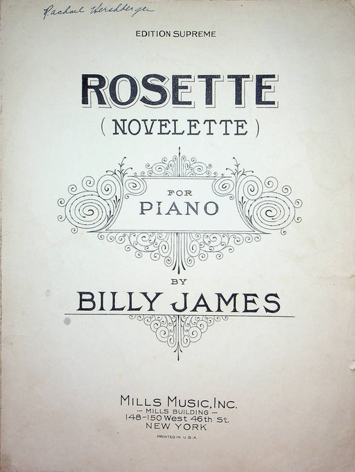 Rosette Novelette for Piano Vintage Sheet Music Billy James 1922 Piano Song 1