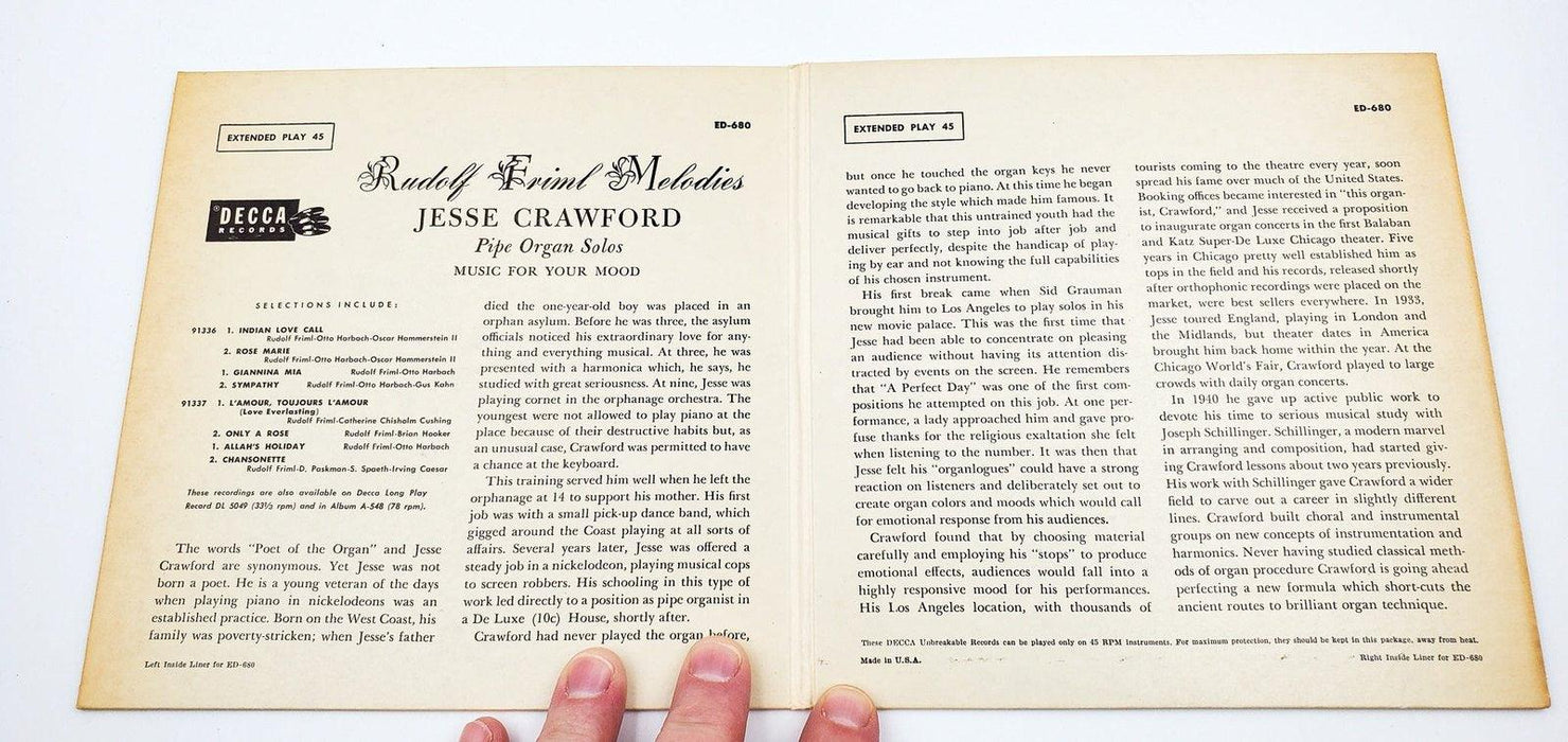 Jesse Crawford Rudolf Friml Melodies 45 RPM 2x EP Record Decca ED-680 3