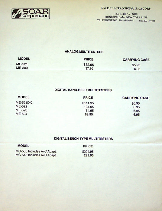 SOAR Multimeter Brochures ME-221, ME-524, MC-535 & More Lot of 3