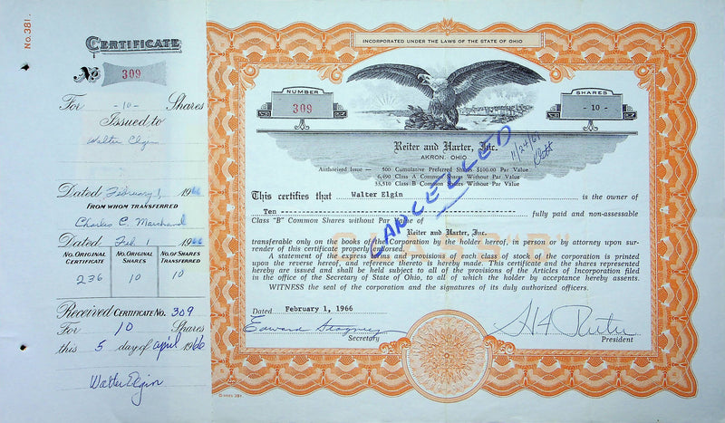 Reiter Dairy Company Stock Certificate Bond Scripophilly Akron Ohio 1966 No 309