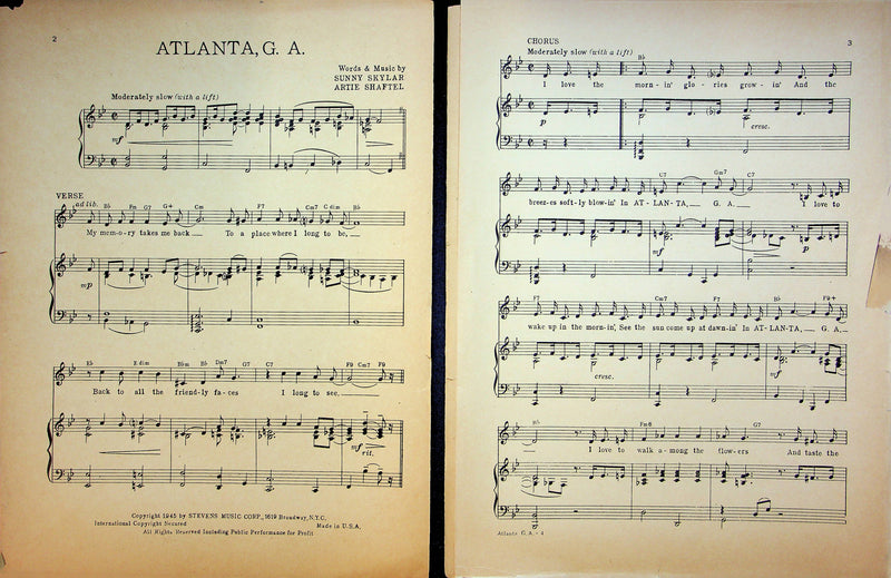 Atlanta Georgia Sheet Music Sunny Skylar Aptie Shaftel Piano Vocal 1945 WW2 Song 3