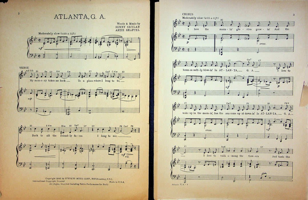 Atlanta Georgia Sheet Music Sunny Skylar Aptie Shaftel Piano Vocal 1945 WW2 Song 3