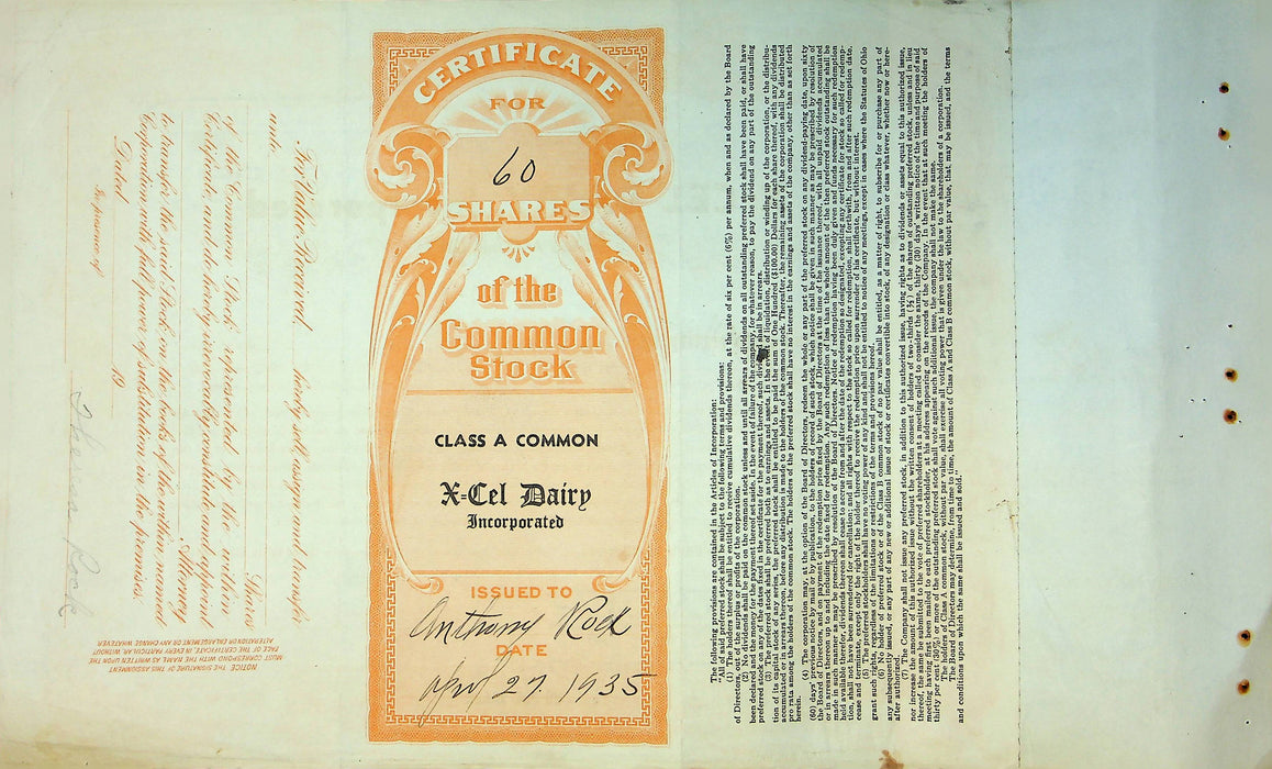 X-Cel Dairy Company Stock Certificate Bond Scripophilly Akron Ohio 1935 No 9