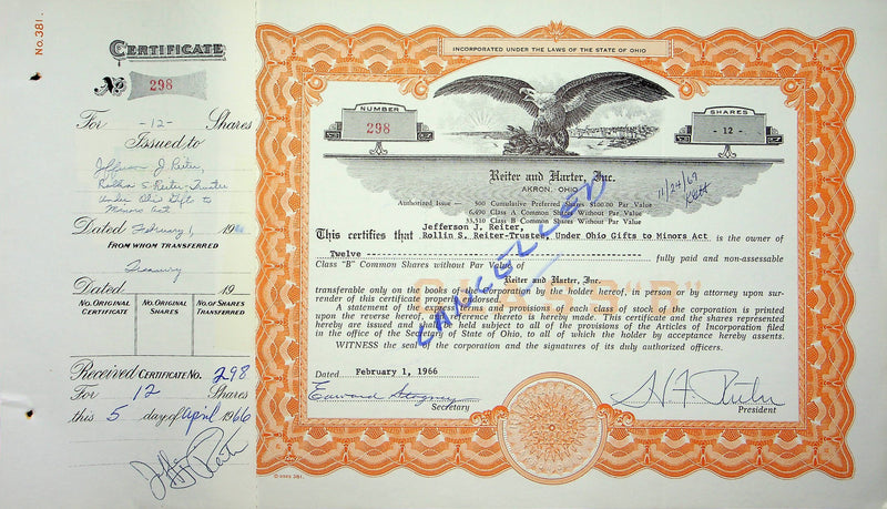 Reiter Dairy Company Stock Certificate Bond Scripophilly Akron Ohio 1966 No 298