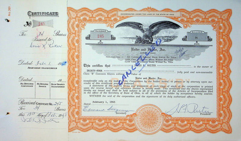 Reiter Dairy Company Stock Certificate Bond Scripophilly Akron Ohio 1965 No 245
