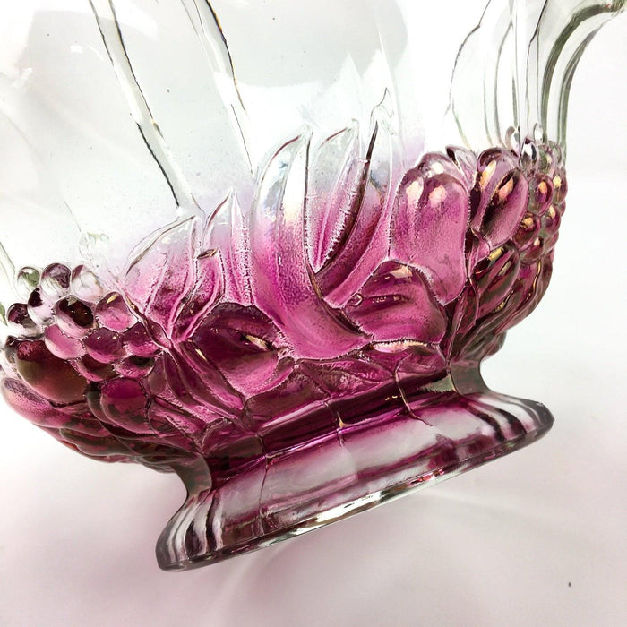 Vintage Glass Basket Clear Iridescent Cranberry Red Fruit Pattern Pressed 11" 12