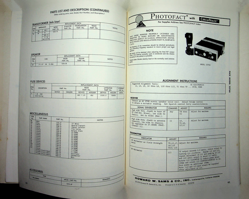 Sams Photofact CB Radio Series CB-43 December 1972 Fanon Pace Realistic B & K