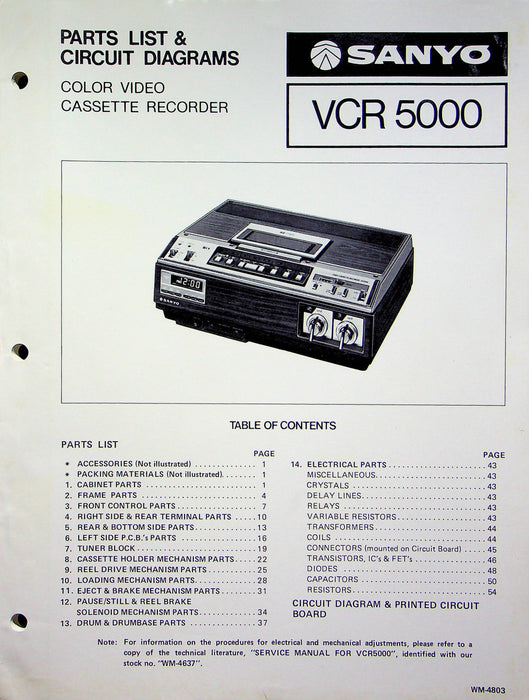 Sanyo VCR 5000 Parts List and Circuit Diagrams Color Video Cassette Recorder