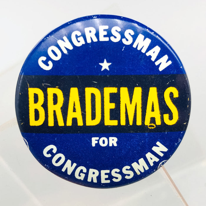 Congressman John Brademas Button Pin 1.25" Indiana Politician Campaign Blue 1