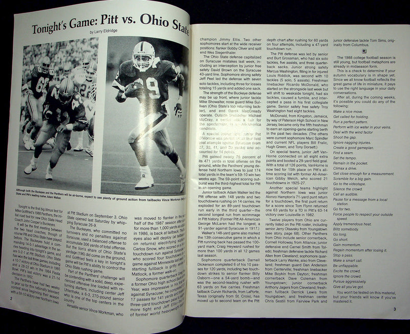 Pittsburgh Panthers Football Program Sep 17 1988 Vs. Ohio State Buckeyes OSU