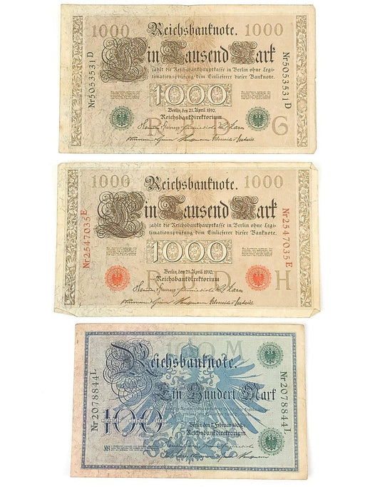 1000 & 100 Mark Reichsbanknote April 1910 Germany WWI Red Green Seals Lot of 3 2