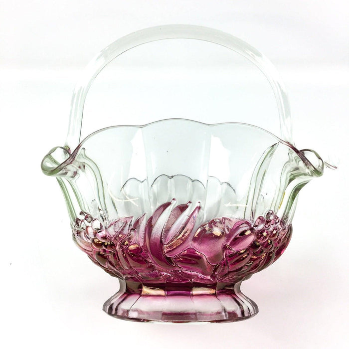 Vintage Glass Basket Clear Iridescent Cranberry Red Fruit Pattern Pressed 11" 9