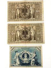 1000 & 100 Mark Reichsbanknote April 1910 Germany WWI Red Green Seals Lot of 3 3