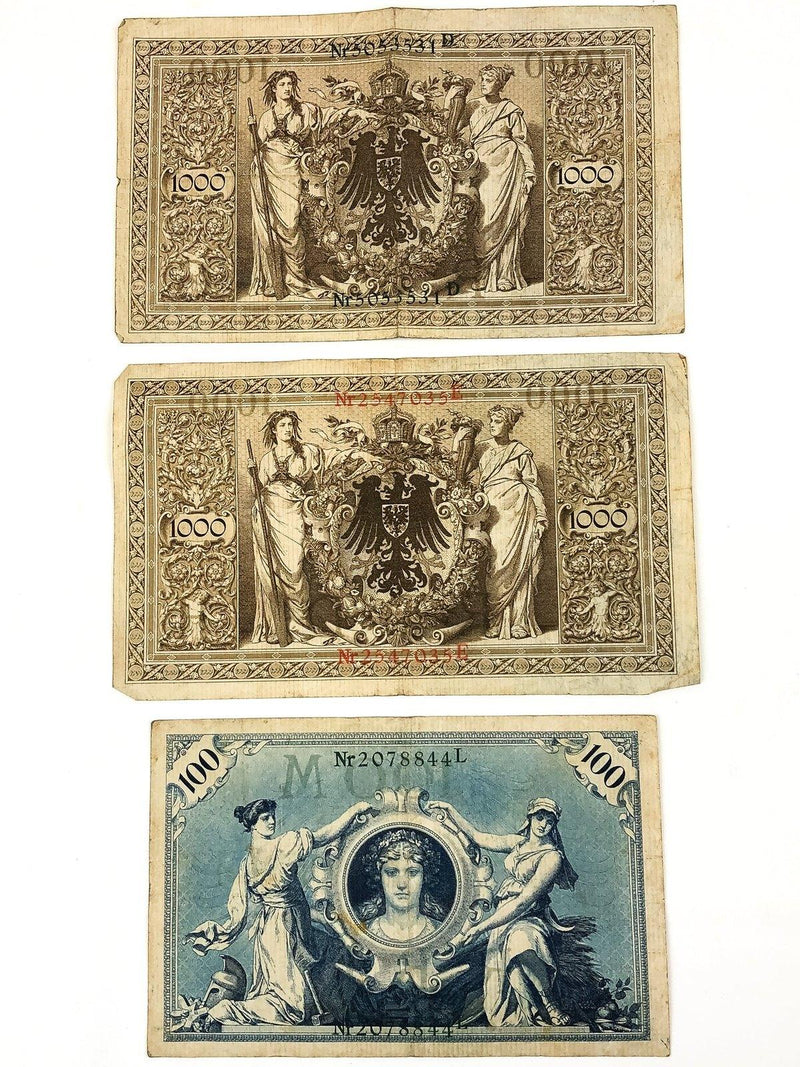 1000 & 100 Mark Reichsbanknote April 1910 Germany WWI Red Green Seals Lot of 3 3