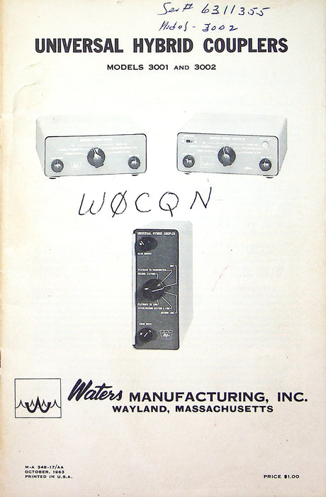 Waters Universal Hybrid Couplers Manual for Model 3001 & 3002