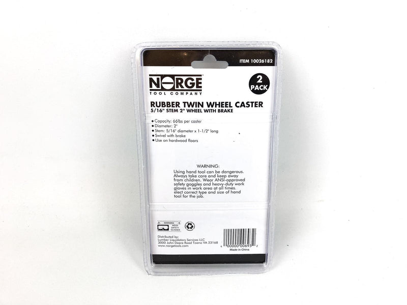 Rubber Twin Wheel Casters 5/16" Stem 2" w/ Brake Norge Wheel #10026182 (2pk)