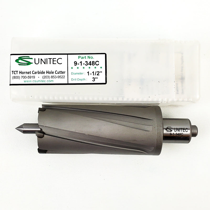 UNITEC 9-1-348C TCT Hornet Carbide Hole Cutter 1-1/2" Dia 3" Depth w/ Center Pin