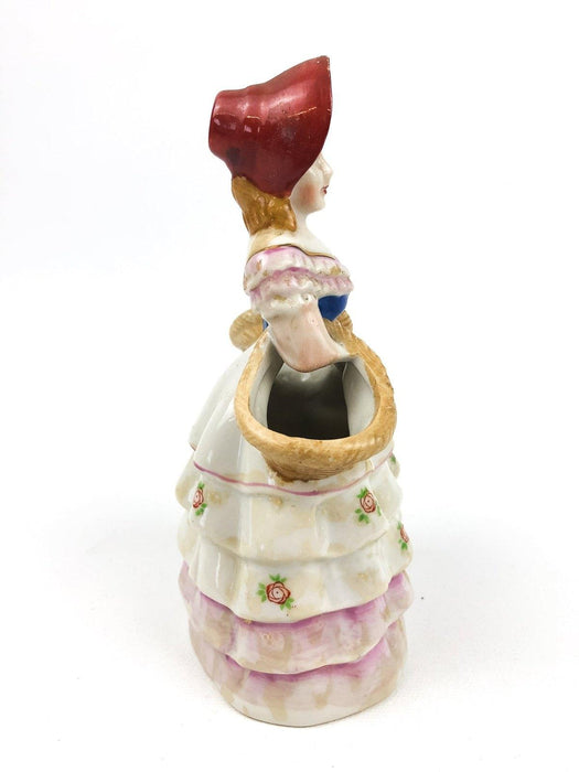Occupied Japan Porcelain English Lady Red Bonnet Double Basket Bud Flower Vase 2