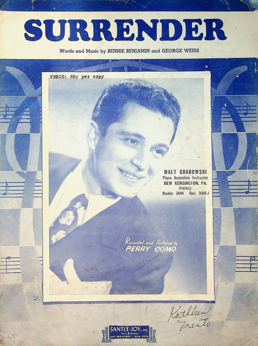 Perry Como Sheet Music Surrender Bennie Benjamin G Weiss 1946 Slow Love Song 1