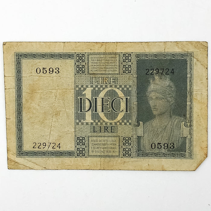 1939 Italy 10 Lire Banknote Dieci Low Serial 229 King Vittorio Emanuele III