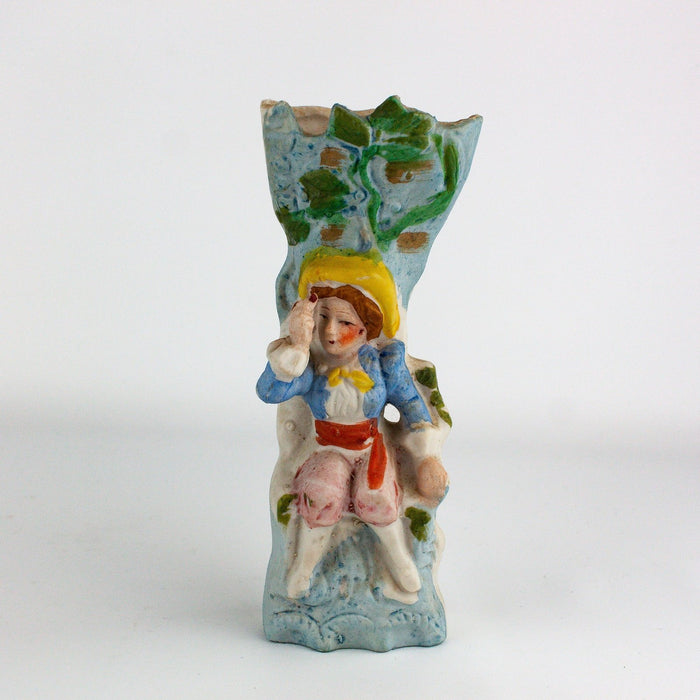 Occupied Japan Bisque Colonial Boy Sitting w/ Vine Bud Vase 6.25 Inches 1