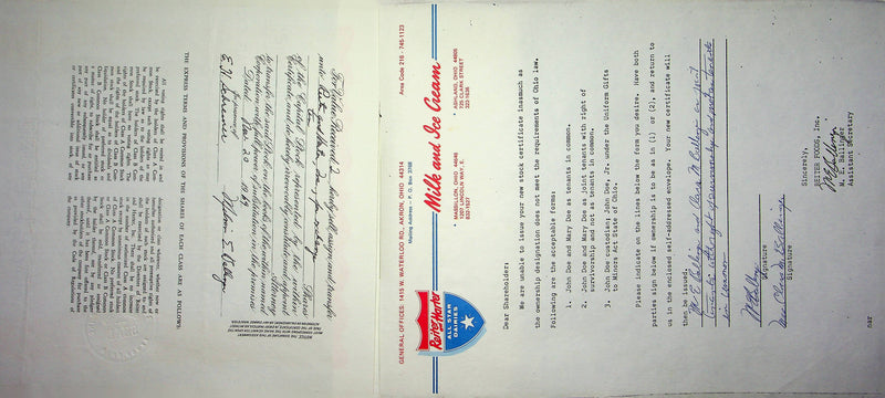 Reiter Dairy Company Stock Certificate Bond Scripophilly Akron Ohio 1968 No 338