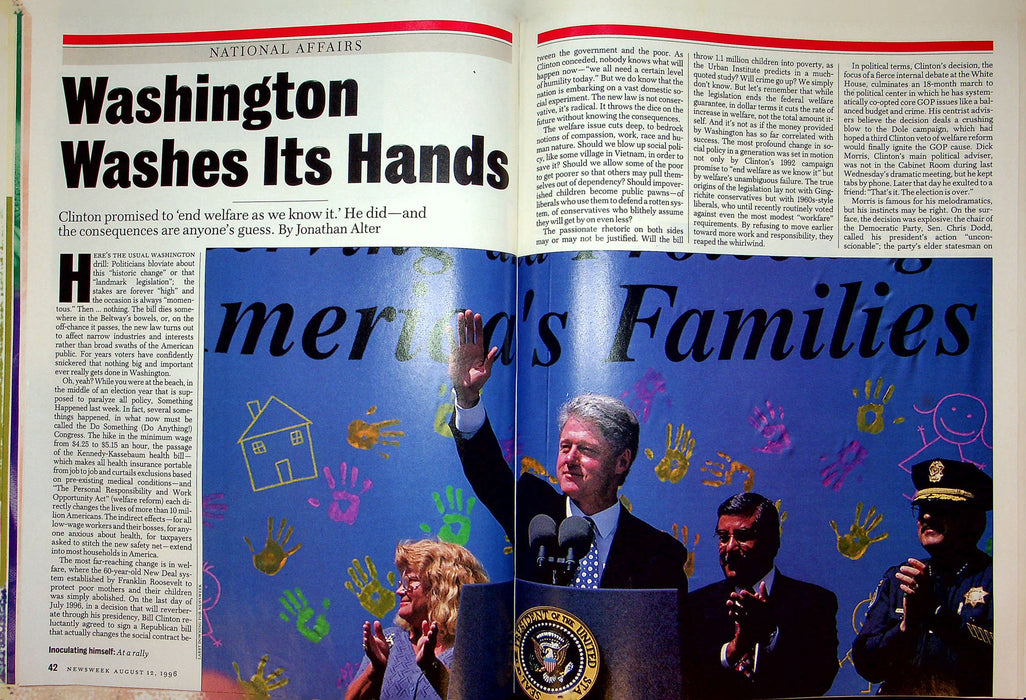 Newsweek Magazine August 12 1996 Bill Clinton Ends Welfare New Deal Roosevelt