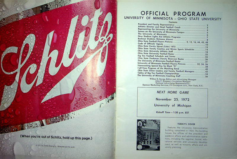 OSU Buckeye Football Program Nov 4 1972 Vs. Minnesota Golden Gophers Homecoming