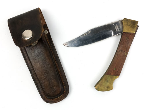 Vintage Kitco Pocket Knife 4" Blade Pakistan with Leather Sheath 3 Pin Bronze 1