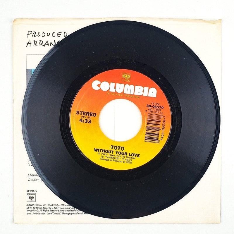 Toto Without Your Love Record 45 RPM Single 38-06570 Columbia 1986 3