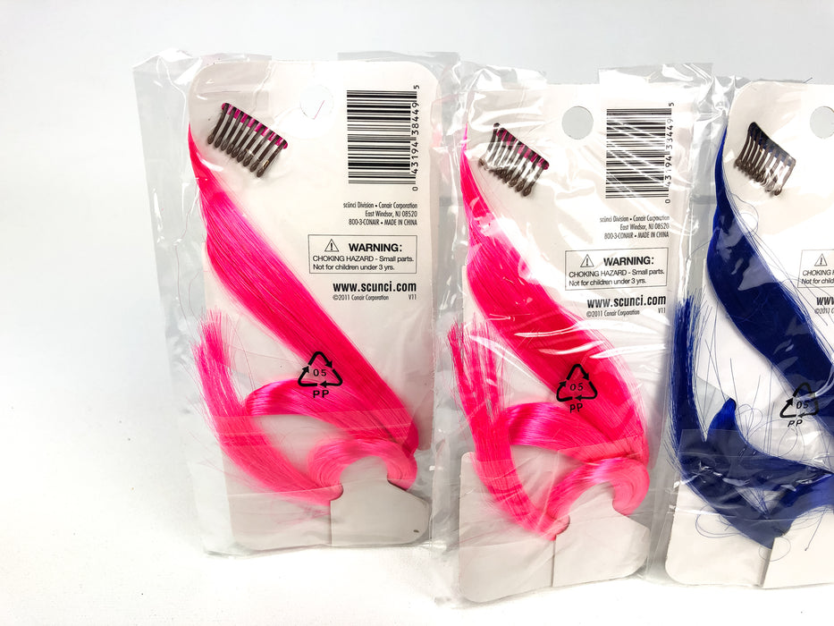 Lot of 3 Scunci Hot Streaks 18" Clip On Faux Hair Strands Pink & Blue 38449-A