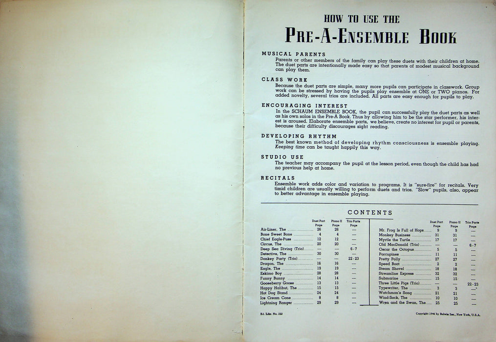 Pre-A Ensemble Book John W. Schaum Piano Course Belwin 1946 Accompaniments 4