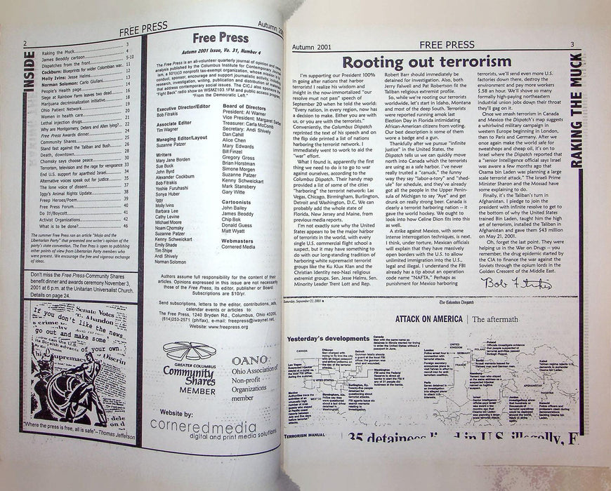 The Free Press Magazine Autumn 2001 America Terrorism Timeline Bush Taliban Ohio