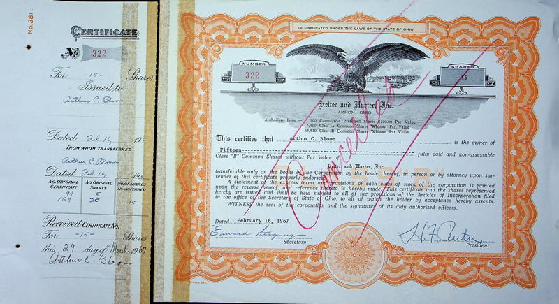 Reiter Dairy Company Stock Certificate Bond Scripophilly Akron Ohio 1967 No 322