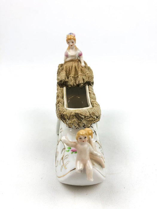 Occupied Japan Figurine Andrea Cherubs Angels Shoe Planter Flower Girl Hard Lace 3