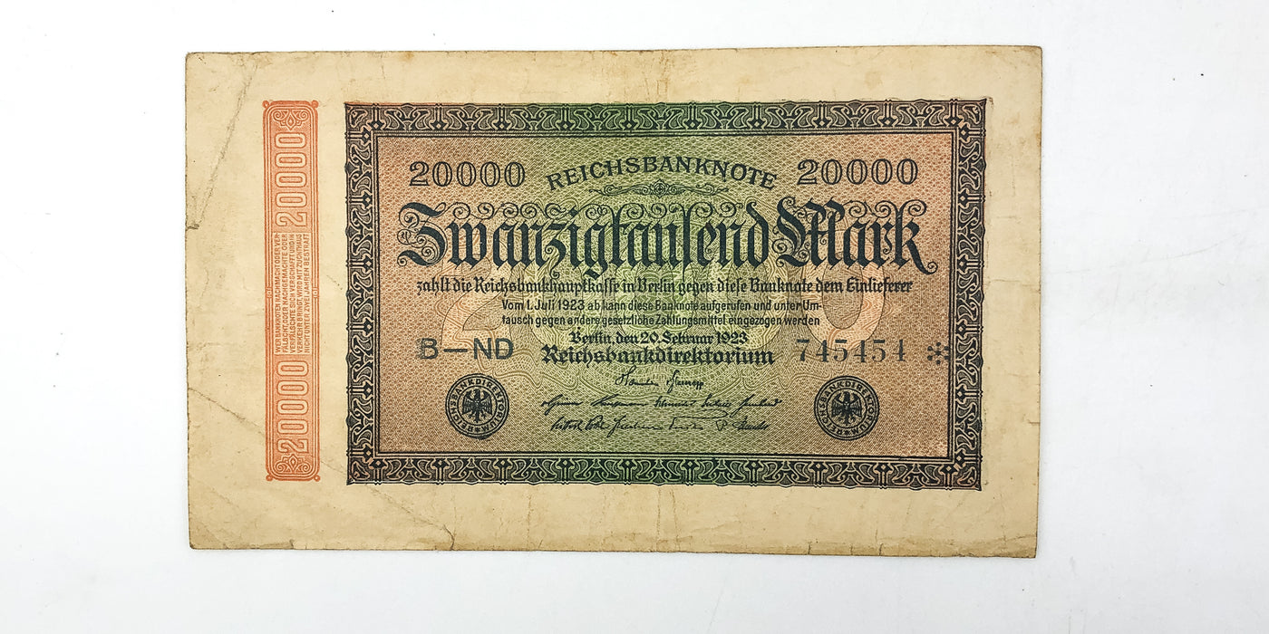 1922 German 20000 Mark Reichsbanknote Zwanzigtausend Twenty Thousand Series B-ND