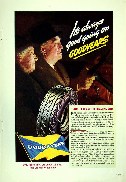 1937 Goodyear Tire Print Ad It's Always Good Going On Goodyears 10"x8"