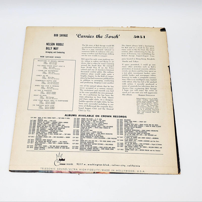 Bob Savage Bob Savage Carries The Torch LP Record Crown Records 1957 5051 2