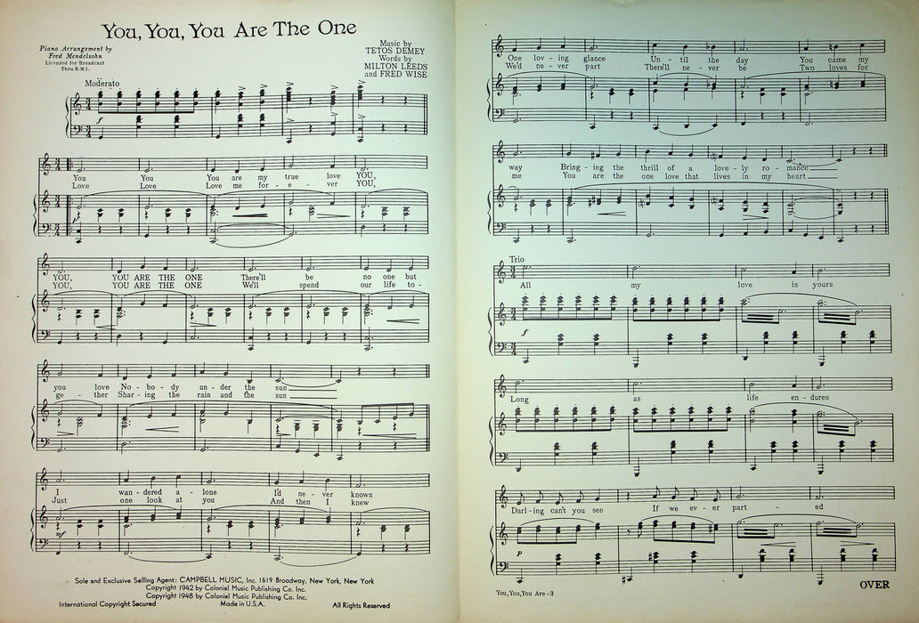 Tetos Demey Sheet Music You You You Are The One The Ames Brothers Leeds Wise 2