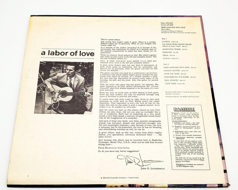 Chet Atkins From Nashville With Love 33 RPM LP Record RCA Victor 1966 LSP-3647 2