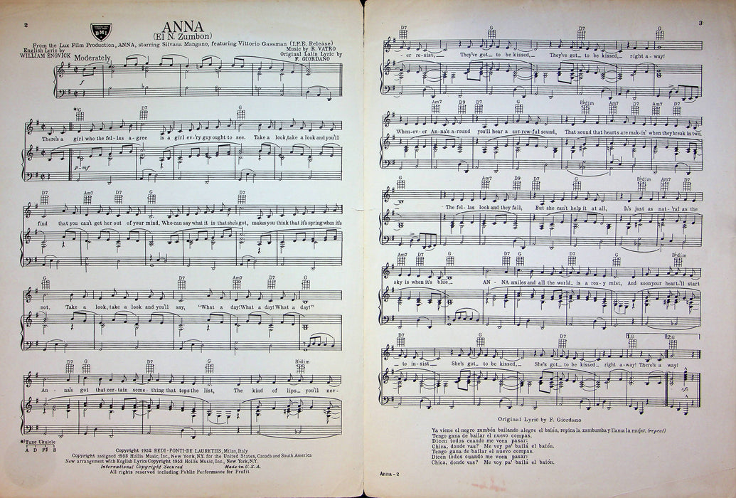 Anna Sheet Music Song R Vatro William Engvick Piano Vocal 1953 Silvana Mangano 2