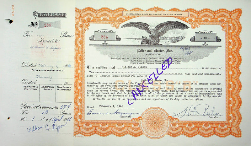 Reiter Dairy Company Stock Certificate Bond Scripophilly Akron Ohio 1966 No 284