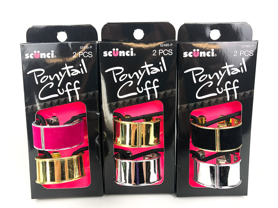 6-CT Scunci Ponytail Holder Cuff Hinged Hair Tie Black Pink Velvet Gold Silver